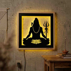 Laser Art Lord Shiva LED Wall Decor Frame 12x12 Inch | Mahadev Wall Hanging with Warm Yellow Light | Wooden & MDF Wall Art | USB Power Adapter Included | Spiritual Home Temple Living Room Decor