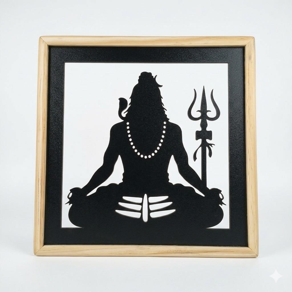 Laser Art Lord Shiva LED Wall Decor Frame 12x12 Inch | Mahadev Wall Hanging with Warm Yellow Light | Wooden & MDF Wall Art | USB Power Adapter Included | Spiritual Home Temple Living Room Decor