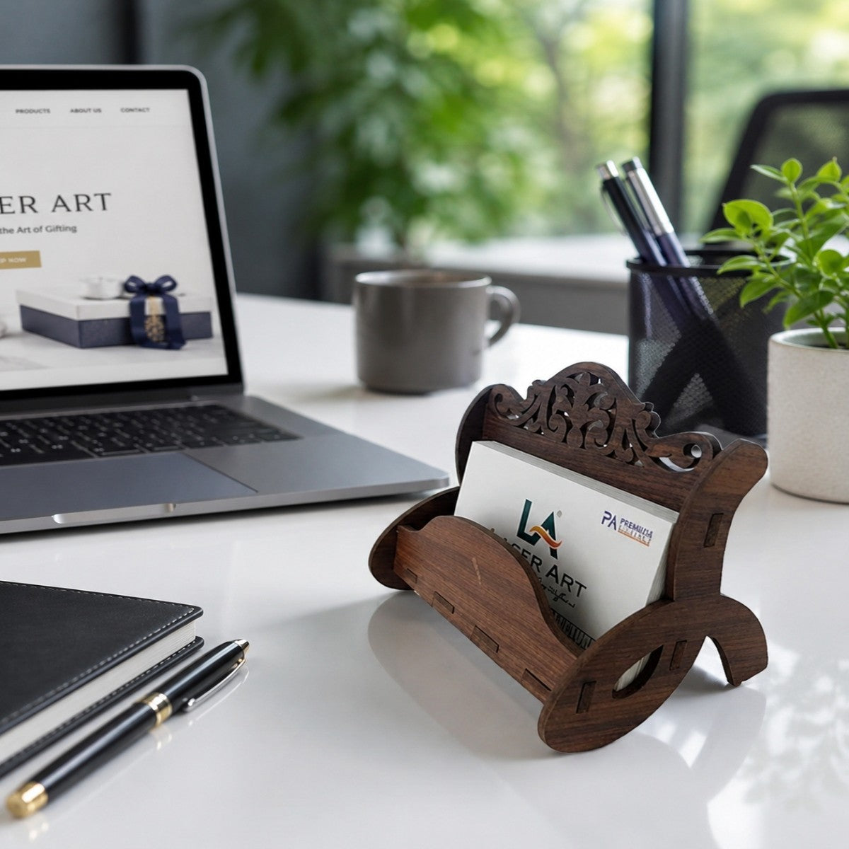 Wooden Visiting Card Holder Stand | Office Desk Business Card Stand
