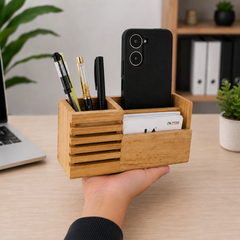 Wooden Mobile Stand with Pen Holder Desk Organizer
