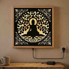 Buddha LED Wall Decor Frame | Illuminated Buddha Wall Hanging with Warm Yellow Light | Wooden Meditation Wall Art | Home Temple Decor