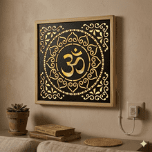 OM Wall Hanging Lighting Frame | Pine Wood Decorative Wall Hanging | Illuminated Aum Symbol Wooden Art for Home Temple, Living Room & Gift Purpose