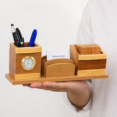 Handcrafted Wooden Multi-Purpose Desk Organizer with Clock Pen Holder Business Card Holder  Coaster Set