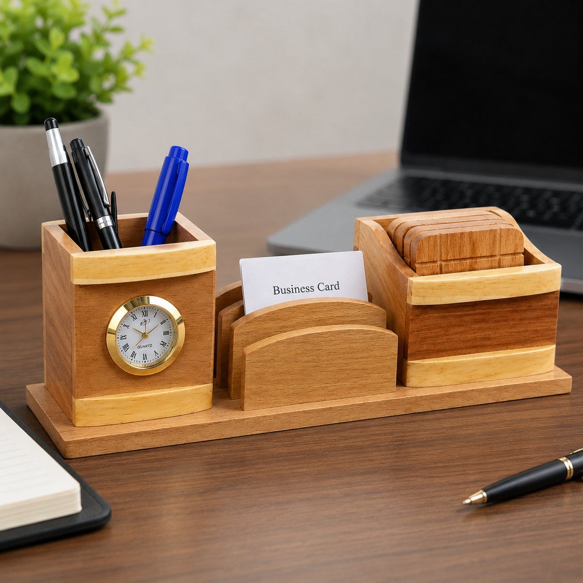 Handcrafted Wooden Multi-Purpose Desk Organizer with Clock Pen Holder Business Card Holder  Coaster Set