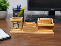 Handcrafted Wooden Multi-Purpose Desk Organizer with Clock Pen Holder Business Card Holder  Coaster Set