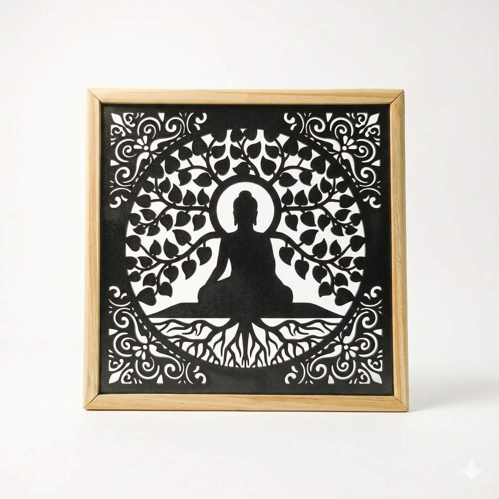 Buddha LED Wall Decor Frame | Illuminated Buddha Wall Hanging with Warm Yellow Light | Wooden Meditation Wall Art | Home Temple Decor