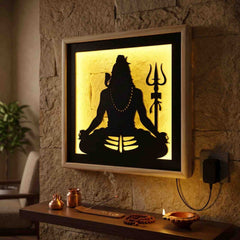 Laser Art Lord Shiva LED Wall Decor Frame 12x12 Inch | Mahadev Wall Hanging with Warm Yellow Light | Wooden & MDF Wall Art | USB Power Adapter Included | Spiritual Home Temple Living Room Decor