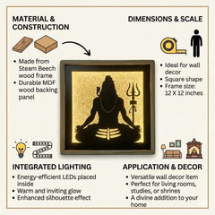 Laser Art Lord Shiva LED Wall Decor Frame 12x12 Inch | Mahadev Wall Hanging with Warm Yellow Light | Wooden & MDF Wall Art | USB Power Adapter Included | Spiritual Home Temple Living Room Decor