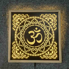 OM Wall Hanging Lighting Frame | Pine Wood Decorative Wall Hanging | Illuminated Aum Symbol Wooden Art for Home Temple, Living Room & Gift Purpose