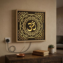 OM Wall Hanging Lighting Frame | Pine Wood Decorative Wall Hanging | Illuminated Aum Symbol Wooden Art for Home Temple, Living Room & Gift Purpose